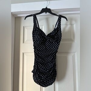50s Pinup Style Classic Black Polka Dot One-Piece Skirted Swimsuit